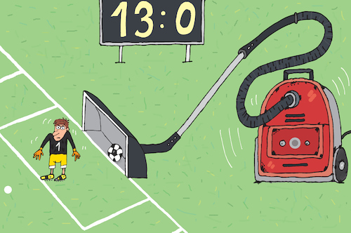 Cartoon: Cleaner (medium) by Sergei Belozerov tagged staubsauger,cleaner,hoover,fussball,football,soccer,russia,torwart,goalkeaper,score,tor