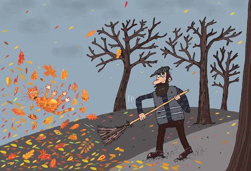 Cartoon: Die Herbstkatze (medium) by Sergei Belozerov tagged katze,cat,herbst,autumn,laub,blatt,bunt,farben,colour,maskierung,camouflage,hausmeister,fegen,besen,laubfall,leaf,fall,blätterfall