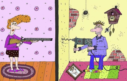 Cartoon: die Nachbarn (medium) by Sergei Belozerov tagged lärm,renovierung,gewehr,flinte,drillbohrer,nachbarn