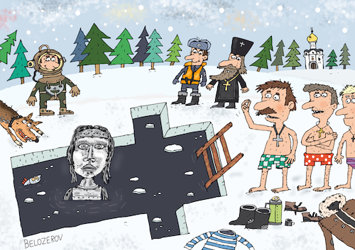 Cartoon: Eisbad (medium) by Sergei Belozerov tagged taufe,eisbad,russland,orthodoxe,kirche,epiphaniafest,eis,kalt,winter,frost