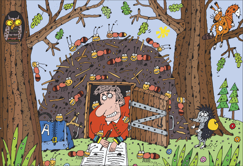 Cartoon: Forest House (medium) by Sergei Belozerov tagged man,hedgehog,owl,hill,ant,forest