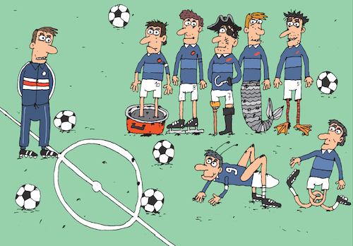 Cartoon: Forwards (medium) by Sergei Belozerov tagged football,soccer,player,ball,legs,mermaid,grasshopper,team,championship,liga