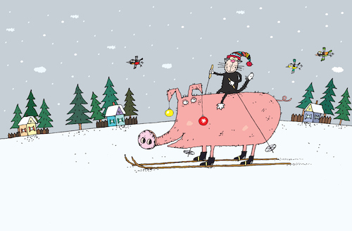 Cartoon: Guten Rutsch ins neue Jahr! (medium) by Sergei Belozerov tagged neujahr,winter,schwein,pig,ferkel,weihnacht,christmas,ski,schi,kater,katze,ferien,urlaub