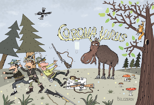 Cartoon: Moose (medium) by Sergei Belozerov tagged moose,elk,coronavirus,virus,mask,hunter,hunt,rifle,panic,horn,antler,elch,jäger