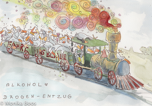 Cartoon: Drogen- und Alkoholentzug (medium) by monika boos tagged drogen,alkohol,enten,entzug,zug,fahrt