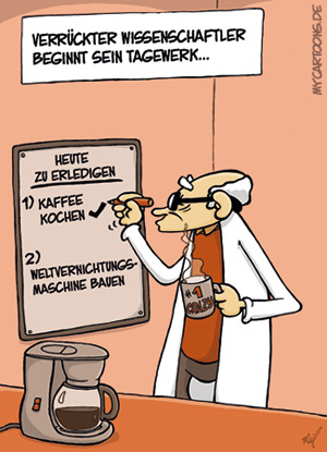 Cartoon: Arbeitsplan (medium) by mil tagged arbeitsplan,to,do,liste,arbeitstag,kaffee,morgenkaffee,arbeitsbeginn,aufgaben,verrückter,wissenschaftler,professor,erfindung,weltvernichtung,kaffeemaschine