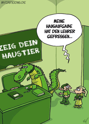 Cartoon: Hausaufgabe (medium) by mil tagged hausaufgabe,schule,unterricht,lehrer,schüler,kinder,tier,haustier,krokodil,fressen