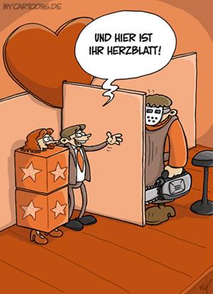 Cartoon: Herzblatt (medium) by mil tagged herzblatt,liebe,paar,herz,show,slasher,zersägte,jungfrau,dating,date