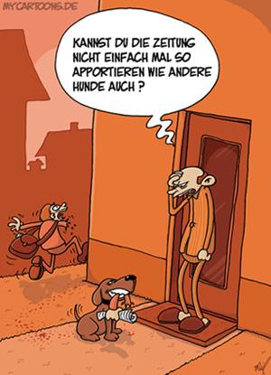 Cartoon: Hunde-Spleen (medium) by mil tagged hund,dog,zeitung,apportieren,bote,zeitungsjunge,erziehung,arm,stöckchen,problem,ärger,mann,herrchen,mil