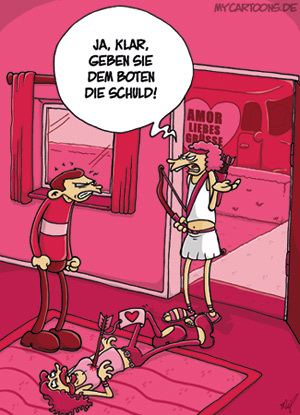 Cartoon: Liebesbote (medium) by mil tagged liebe,liebesbote,amor,cupid,valentinstag,valentine,nachricht,botschaft,pfeil,treffer,tot,bote,mann,frau,ärger