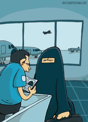 Cartoon: Passkontrolle (medium) by mil tagged pass,passed,passt,foto,vermummung,schleier,kontrolle,zoll,flughafen,reise,beamter,burka