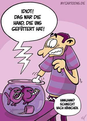 Cartoon: Piranhas (medium) by mil tagged piranha,futter,fütterung,haustier,raubfische,hand,fleisch,problem,mil