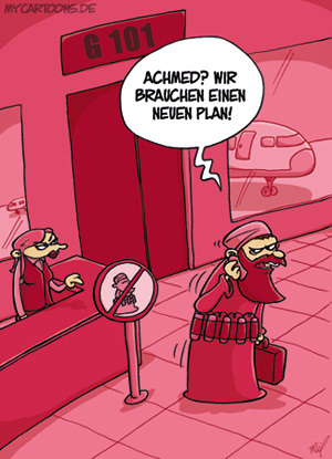 Cartoon: Planänderung (medium) by mil tagged plan,terror,terrorist,attentäter,selbstmordattentat,flug,flughafen,flugzeug,verbot,achmed