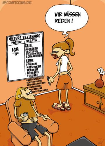Cartoon: Problemliste (medium) by mil tagged mann,frau,beziehung,liste,vorteile,nachteile,problem,mil