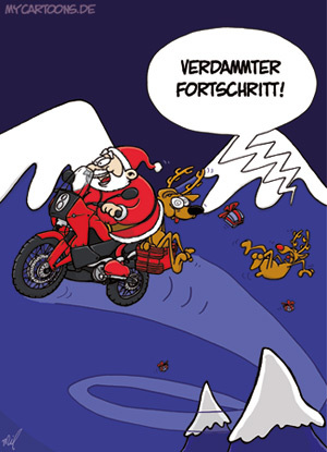 Cartoon: Weihnachtsfortschritt (medium) by mil tagged weihnachtsmann,weihnachten,rentier,reindeer,rudolf,rudolph,tradition,problem,ärger,lieferung,geschenke,motorrad,rennen,rasen,raser,fortschritt,technik,tempo