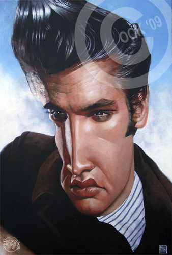 Cartoon: Elvis Presley (medium) by Russ Cook tagged caricature,zeichnung,karikaturen,karikatur,music,singer,canvas,paint,acrylic,celebrity,famous,roll,rock,king,the,presley,elvis