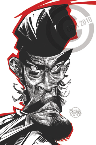 Cartoon: Toshiro Mifune (medium) by Russ Cook tagged cinema,star,film,rashomon,japanese,japan,actor,yojimbo,caricature,zeichnung,karikaturen,karikatur,cook,russ,mifune,toshiro,samurai,seven