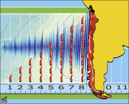Cartoon: Richter hot scale chili! (medium) by samir alramahi tagged richter,hot,scale,chile,earthquake,chili,map
