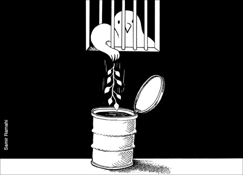 Cartoon: DOVE02 (medium) by samir alramahi tagged peace,dove,oil,arab,prison,jail,ramahi,israel,palestine
