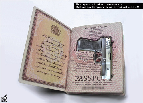 Cartoon: European Union passports 1 (medium) by samir alramahi tagged european,union,passports,forgery,criminal,eu,europe,uae,arab,ramahi,cartoon