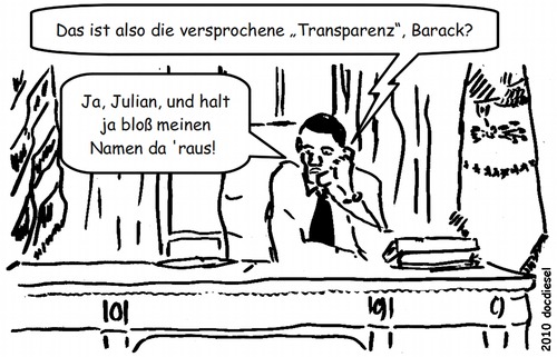 Cartoon: Alte Wahlversprechen (medium) by docdiesel tagged promise,versprechen,campaign,election,wahlkampf,transparency,transparenz,conspiration,office,oval,house,white,obama,barack,assange,julian,politics,cables,diplomatic,diplomacy,diplomatie,wikileaks,wiki,leaks