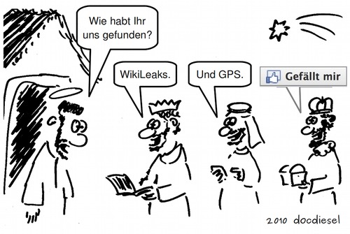 Cartoon: iKönige 3.0 (medium) by docdiesel tagged weihnachten,bethlehem,stall,jesus,josef,maria,xmas,balthasar,melchior,caspar,heilige,drei,könige,internet,iphone,laptop,wikileaks,gps,facebook