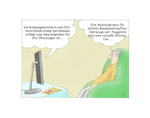 Cartoon: Abwracken (medium) by Erwin Pischel tagged abwracken,abwrackpraemie,praemie,oelheizung,gesetzgebung,zukunftsinvestition,akk,kramp,karrenbauer,cdu,cduvorsitzende,verteidigungsministerin,verteidigungsministerium,treibhausgase,kohlenstoffdioxid,kohlendioxid,klimaschutz,steuerreform,bundeswehr,waffen,bw,fahrzeuge,fluggeraete,flugzeuge,pischel