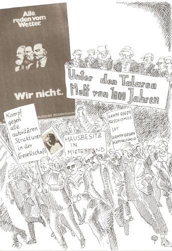 Cartoon: Achtundsechziger (medium) by Erwin Pischel tagged achtundsechziger,demonstrationen,demo,demos,demonstration,generation,studenten,studentenrevolte,studentenunruhen,revolution,schule,schueler,protest,faschismus,kapitalismus,kommunismus,sozialismus,aufstand,gesellschaft,talare,wetter,marx,engels,lenin,plakat,unruhe,pischel