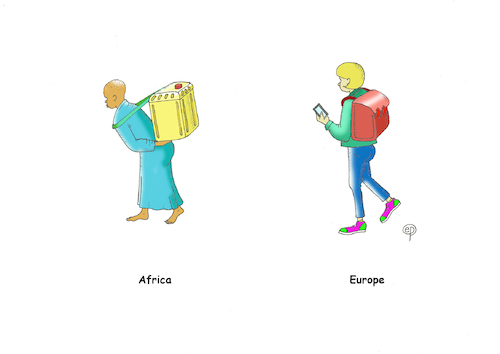 Cartoon: Africa - Europe (medium) by Erwin Pischel tagged afrika,africa,europa,wasserkanister,schultasche,water,canister,school,bag,wasserholen,schule,smartphone,kleidung,schulpflicht,wassernot,kinder,kind,schüler,erziehung,pischel