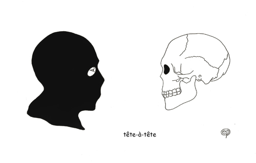 Cartoon: Auf Augenhöhe I (medium) by Erwin Pischel tagged pischel,skull,kopf,totenschädel,tod,totenkopf,tarnkappe,anschlag,extremismus,islamismus,terrorismus,terrorist,karikaturist,karikatur,hebdo,charlie