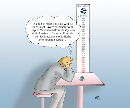 Cartoon: Bayern M. kündigt Meisterschaft (medium) by Erwin Pischel tagged bayern,münchen,deutscher,fußballmeister,fußball,rekordmeister,bundesliga,bundesligasaison,meister,meisterschale,bundesligatabelle,fristgerecht,kündigung,sport,leistungssport,ball,ballsport,stadion,bundesligastadion,champions,league,tisch,stuhl,kalender,kaffee,kaffeetasse,soccer,football,championship,pischel