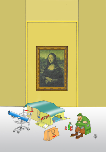 Cartoon: Beste Lage (medium) by Erwin Pischel tagged mona,lisa,da,vinci,louvre,museum,unterkunft,obdachloser,obdach,obdachlosigkeit,notbehausung,wohnungsloser,wohnungslos,wohnsitz,wohnung,wohnungsnot,wohnraum,wohnraumnot,wohnraumpreis,miete,mieter,wuchermiete,wohnzimmer,apartement,mietwohnung,paris,immobilie,immobilienkonzern,wohnungspolitik,soziales,soziologie,schaumstoffmatratze,matraze,einkaufswagen,pappkarton,kartonage,plane,folie,einkaufstasche,flasche,gemälde,bild,maler,künstler,ausstellung,pischel