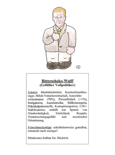 Cartoon: Bitterschoko-Wulff (medium) by Erwin Pischel tagged pischel,korruption,orientierungslosigkeit,moral,verantwortungsgefühl,respekt,ehrlichkeit,glaubwürdigkeit,cdu,autorität,machtanspruch,autoritätsverlust,karriere,machtmissbrauch,einschüchterung,pressefreiheit,rücktritt,wulff,bundespräsident