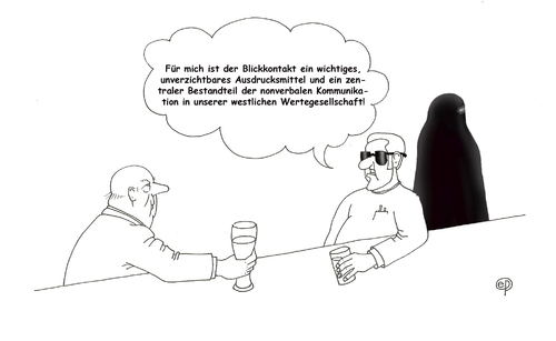 Cartoon: Blickkontakt 1 (medium) by Erwin Pischel tagged blickkontakt,brille,burka,verschleierung,kommunikation,nonverbal,westlich,gesellschaft,wertegesellschaft,freiheit,redefreiheit,dialog,diskussion,gespraech,tresen,bier,glas,trinken,kneipe,restaurant,bar,getraenk,muslim,islam,pischel