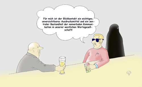 Cartoon: Blickkontakt 2 (medium) by Erwin Pischel tagged blickkontakt,brille,burka,gespräch,dialog,islam,muslim,muslima,nonverbal,kommunikation,westlich,gesellschaft,wertegesellschaft,glas,bier,getraenk,gespraech,bar,tresen,restaurant,pischel