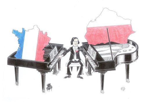 Cartoon: Chopins 200. Geburtstag (medium) by Erwin Pischel tagged fryderyk,chopin,polnischer,komponist,pianist,virtuose,piano,klavier,flügel,polen,frankreich,herz,warschau,mallorca,pischel