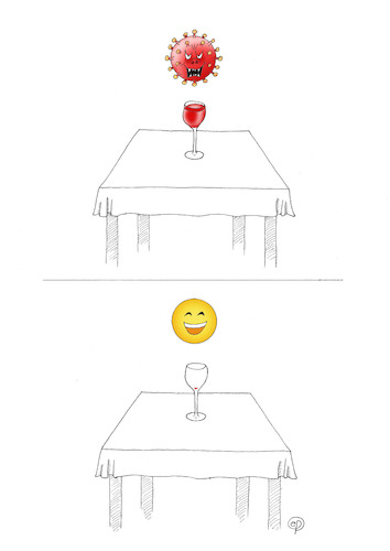 Cartoon: Corona-Emoticon (medium) by Erwin Pischel tagged corona,virus,infektion,gesundheit,virusinfektion,krankheit,pischel,desinfektion,wein,rotwein,emoticon,emotikon,tisch,tischdecke,illusion,wunsch,wunschvorstellung,metamorphose,weinglas,glas