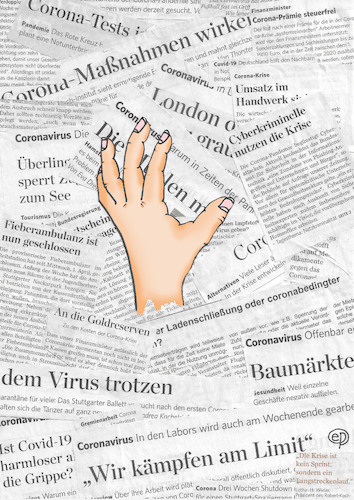 Cartoon: Corona-Info-Tsunami (medium) by Erwin Pischel tagged corona,virus,covid,infektion,gesundheit,virusinfektion,krankheit,zeitung,headline,info,information,meldung,ueberschrift,hand,pischel,desinfektion,hilfe,tsunami,medien,printmedien,nachrichten,verunsicherung,angst,panik,psychose,viren