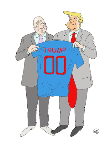 Cartoon: Die Doppelnull steht! (medium) by Erwin Pischel tagged trump,präsident,us,trikot,trikottausch,null,doppelnull,president,infantino,fifa,fußball,soccer,worldcup,world,cup,championship,usa,mexico,mexiko,kanada,canada,trikotübergabe,trikogeschenk,geschenk,übergabe,nummer,name,überheblichkeit,arroganz,egoismus,selbstherrlichkeit,egozentrisch,egoistisch,korrupt,korruption,abhängigkeit,einmischung,dummheit,geistige,beschränktheit,pischel