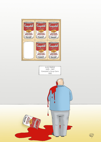 Cartoon: Die Kunst schlägt zurück! (medium) by Erwin Pischel tagged warhol,künstler,maler,zeichner,filmemacher,pop,art,grafiker,illustrator,werbegrafiker,gemälde,siebdruck,populärkultur,suppe,suppendose,dose,campell,tomato,soup,kunst,museum,ausstellung,bild,klimakleber,letzte,generation,straßenblockade,kleber,kleister,dosenwurf,beschädigung,straftat,aufstand,klima,klimakatastrophe,klimawandel,erdklima,geldstrafe,retourkutsche,zurückschlagen,revanche,freiheitsstrafe,protest,protestaktion,kultobjekt,gerichtsurteil,museumswächter,museumspersonal,schutz,verschmutzung,pischel