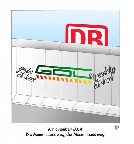 Cartoon: Die Mauer muss weg! (medium) by Erwin Pischel tagged fernverkehr,nahverkehr,pischel,zug,eisenbahn,gewerkschaft,streikende,doof,mauer,berliner,ausstand,grube,weselsky,claus,gdl,db,bahnstreik,güterbahnverkehr,bahngewerkschaft,zugverkehr,logo,graffiti