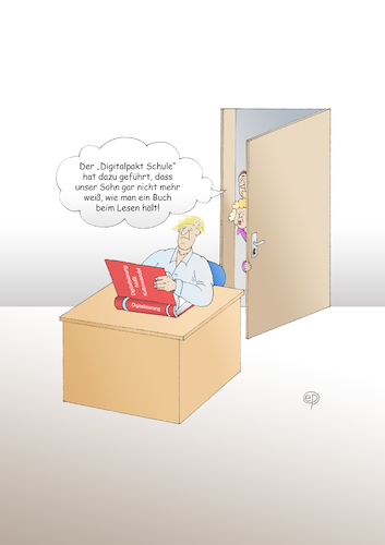 Cartoon: Digitalisierung (medium) by Erwin Pischel tagged digitalisierung,digitalpakt,schule,computer,tablet,eltern,vater,mutter,schreiben,lesen,buch,tür,schreibtischkulturwechsel,kultur,lesekultur,medienkonsum,medien,neue,technik,pischel