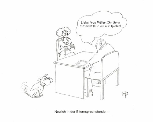 Cartoon: Er tut nichts (medium) by Erwin Pischel tagged schueler,schuelerin,eltern,elternsprechstunde,sprechstunde,elternschaft,vater,mutter,elternsprechtag,lehrer,lehrerin,schule,ratschlag,hund,schwanz,erziehung,pischel,sprechzimmer,spielen