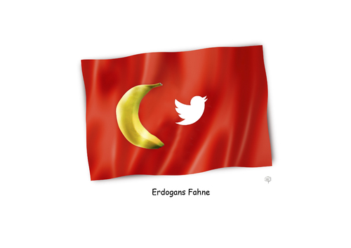 Cartoon: Erdogans Fahne (medium) by Erwin Pischel tagged korruption,pischel,zensur,weiß,rot,banane,youtube,twitter,stern,halbmond,demokratie,rechtsstaat,akp,kurznachrichtendienst,sperre,blockade,meinungsfreiheit,bananenrepublik,türkei,flagge,fahne,erdogan