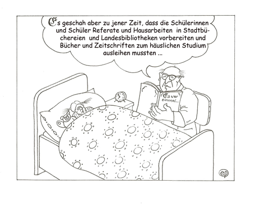 Cartoon: Es war einmal ... (medium) by Erwin Pischel tagged teddy,bett,gutenachtgeschichte,vorlesen,zeitschrift,buchausleihe,buch,ausleihe,pischel,prüfung,klassenarbeit,hausarbeit,vortrag,gfs,referate,landesbibliothek,stadtbibliothek,bibliothek,bücherei,schule,suchmaschinen,recherchen,internet,medien,neue