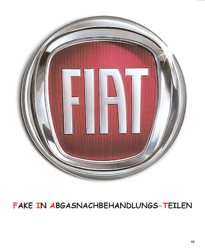 Cartoon: Fake In Abgasnachbehandlungs-T. (medium) by Erwin Pischel tagged fiat,logo,chrysler,abgase,abgasnachbehandlung,fake,betrug,skandal,stickoxide,emission,motorsoftware,illegal,manipulation,abgaswerte,abschalteinrichtung,verkehrsministerium,dobrindt,eu,kommission,pischel,auto,diesel,dieselfahrzeug,prüfstand,dieselmotor,abg