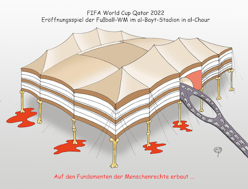 Cartoon: FIFA Worst Cup Qatar (medium) by Erwin Pischel tagged fifa,korruption,world,cup,quatar,fußball,weltmeisterschaft,wm,infantino,funktionär,boykott,katar,menschenrechte,lgbtiq,sklaven,arbeiter,gastarbeiter,geld,kapital,kapitalismus,generalsekretär,doha,wüste,mafia,architektur,gewerkschaft,todelsfall,arbeitsunfall,sarg,knochen,arbeit,blut,stadion,al,bayt,chaur,arena,emir,scheich,diktatur,autokratie,frauendiskriminierung,homophobie,rassismus,scharia,gastgeberland,soccer,human,rights,pischel