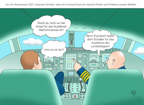 Cartoon: Fliegen verlernt? (medium) by Erwin Pischel tagged flugzeug,fliegen,flugausbildung,steuerung,pilot,pilotin,flugkapitän,flugkapitänin,cockpit,knopf,schalter,fahrwerk,fahrgestell,landeklappen,flugrisiko,flugzeugunfall,flugzeugunglück,unfall,unglück,unsicherheit,ausbildung,vergesslichkeit,übung,routine,beruf,berufserfahrung,erfahrung,sicherheit,flugsicherheit,sicherheitstraining,simulator,training,corona,flugverkehr,flugsicherung,luftfahrt,kontrolle,pischel