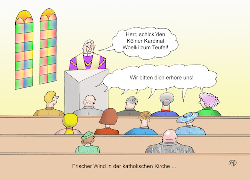 Cartoon: Frischer Wind (medium) by Erwin Pischel tagged woelki,kardinal,theologe,katholisch,katholik,kirche,erzbischof,erzbistum,köln,metropolit,macht,religiös,amt,machtmissbrauch,vertuschung,sexuell,missbrauch,gewalt,vertrauenskrise,papst,franziskus,amtsverzicht,verbrechen,untat,verantwortung,kindesmissbrauch,fehlverhalten,skandal,missbrauchsskandal,kirchenaustritt,kirchenschiff,fürbitten,wind,teufel,hölle,kirchenbank,gläubiger,messe,priester,pfarrer,ambo,chorraum,liturgie,pischelr