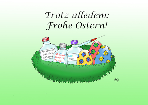 Cartoon: Frohe Ostern! (medium) by Erwin Pischel tagged ostern,osterbrauch,ostertradition,tradition,osternest,osterei,ei,eierschale,malen,anmalen,eierfärben,impfserum,impfstoff,impfzentrum,impftermin,ampulle,spritze,kanüle,covid,corona,virus,schnelltest,selbsttest,pcr,gras,eiersuchen,eierversteck,pischelf